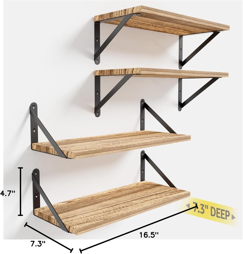 COCOYA Wall Shelves 7.3" Deep Set of 4, Solid Paulownia Wood Wider Longer Sturdy Easy to Install Wall Mounted Bookshelves Storage Shelves Bathroom Home Office Laundry Room Bedroom Organizer - Image 3